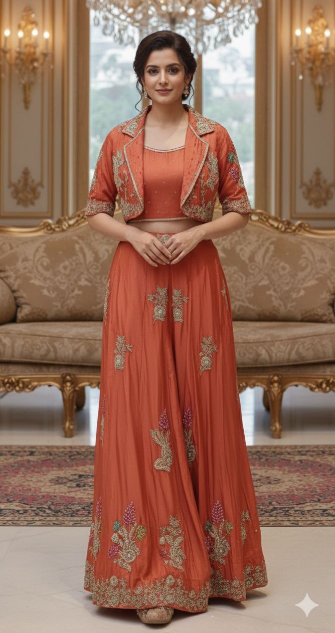 Opulent Chinon Fabric Three-Piece Palazzo Set with Rich Zari Embroidered Jacket, Stone-Studded Crop Top & Flowy Pants-12560,12559