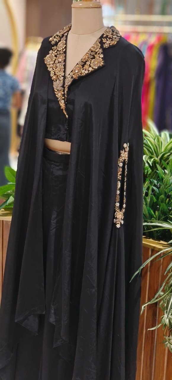 Elegant Rich Antique Gold Floral Embroidery on Neckline Collar Crop Top With Drape Skirt Bottom DRYWASH-12398,12397