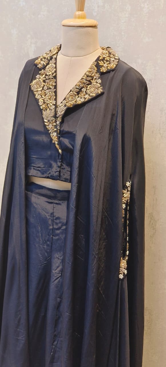 Elegant Rich Antique Gold Floral Embroidery on Neckline Collar Crop Top With Drape Skirt Bottom DRYWASH-12398,12397