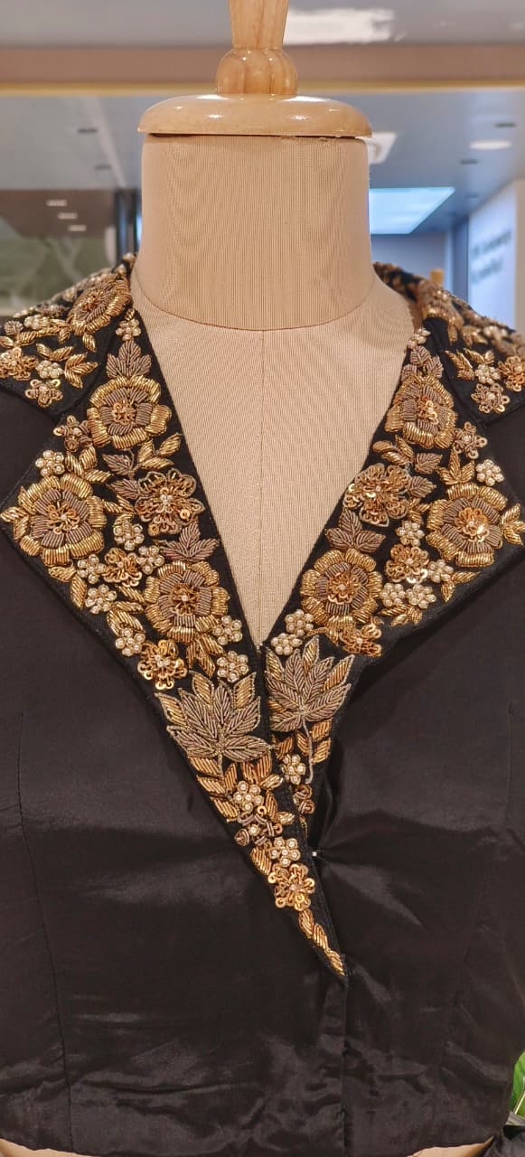 Elegant Rich Antique Gold Floral Embroidery on Neckline Collar Crop Top With Drape Skirt Bottom DRYWASH-12398,12397