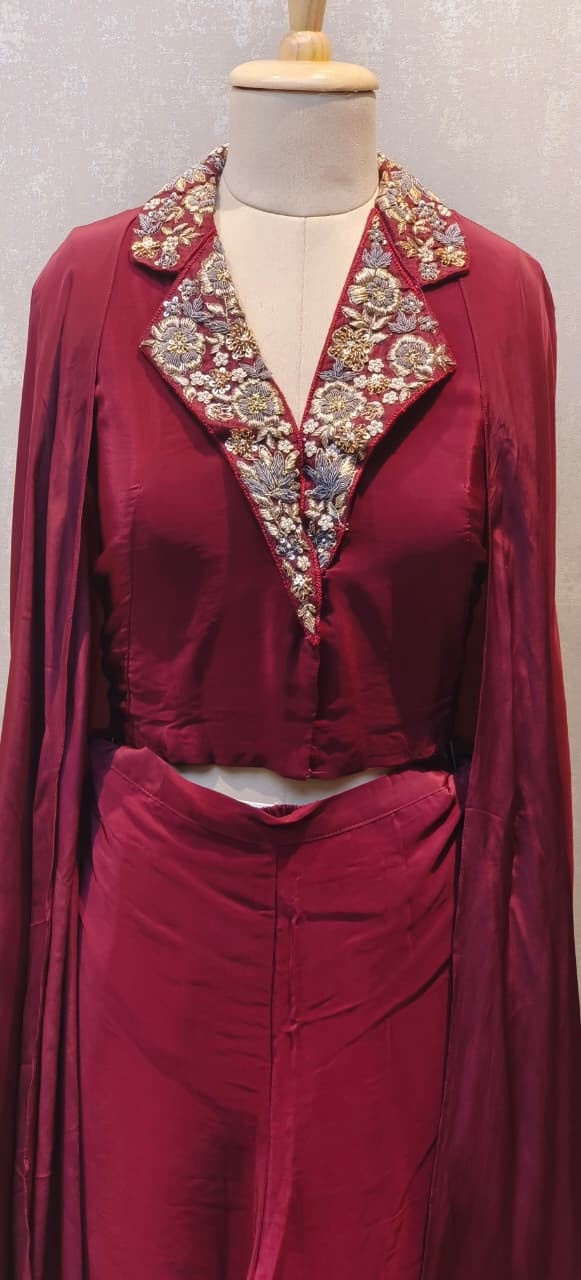 Elegant Rich Antique Gold Floral Embroidery on Neckline Collar Crop Top With Drape Skirt Bottom DRYWASH-12398,12397