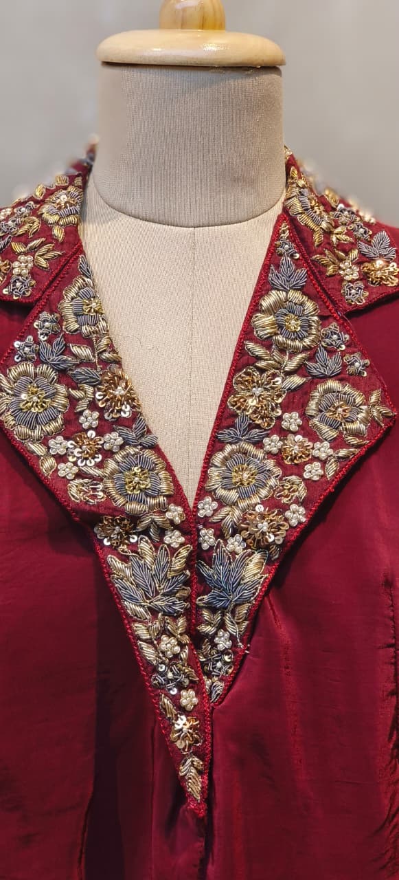 Elegant Rich Antique Gold Floral Embroidery on Neckline Collar Crop Top With Drape Skirt Bottom DRYWASH-12398,12397