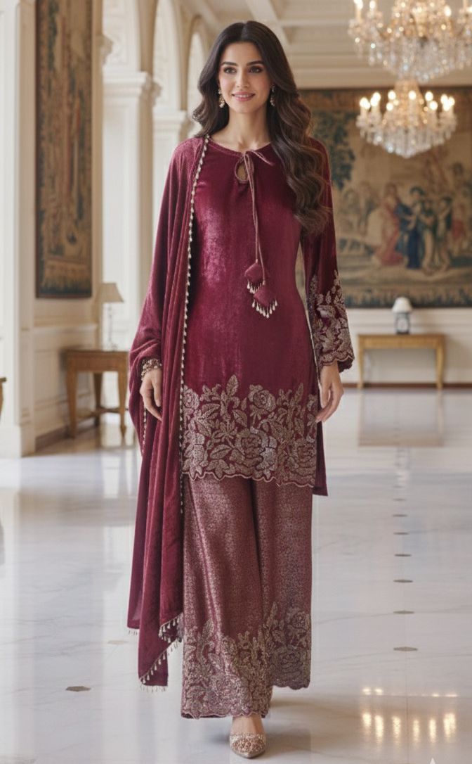 Cut-Dana Embellished Velvet Kurta With Heavy Brocade Bottom & Pearl Tasseled Dupatta- 12453