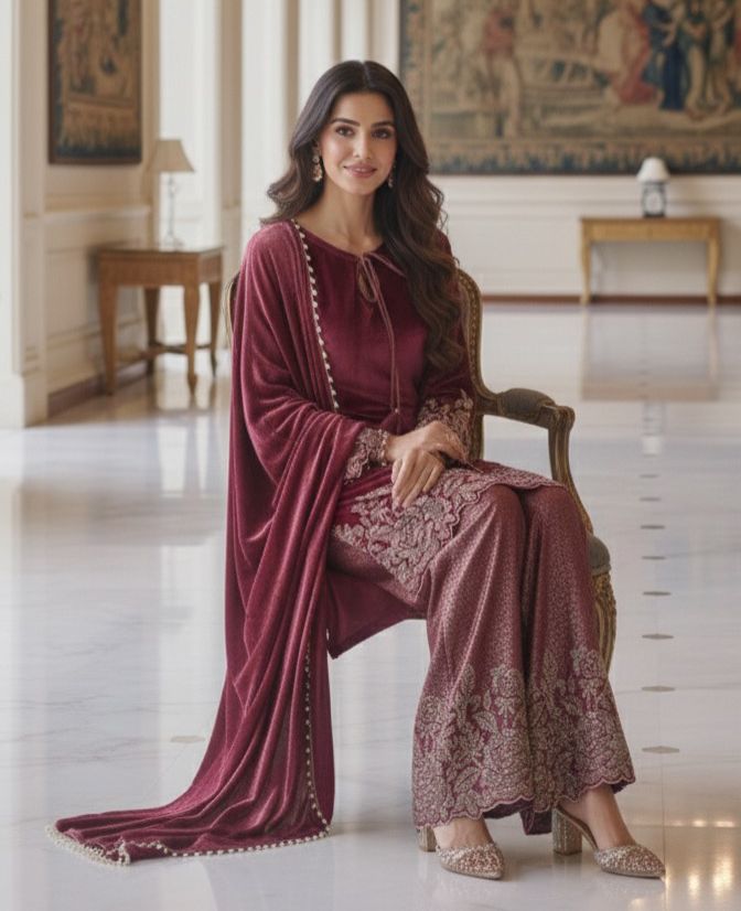 Cut-Dana Embellished Velvet Kurta With Heavy Brocade Bottom & Pearl Tasseled Dupatta- 12453