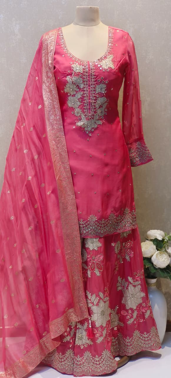 Luxury Embellished Straight Kurta Paired with Heavy Floral Embroidered Palazzo and Matching Dupatta DRYWASH