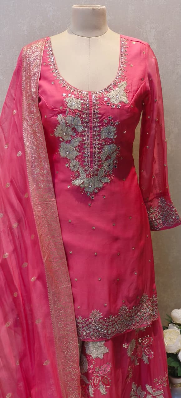 Luxury Embellished Straight Kurta Paired with Heavy Floral Embroidered Palazzo and Matching Dupatta DRYWASH