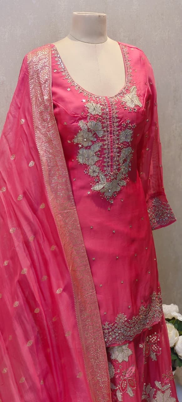 Luxury Embellished Straight Kurta Paired with Heavy Floral Embroidered Palazzo and Matching Dupatta DRYWASH