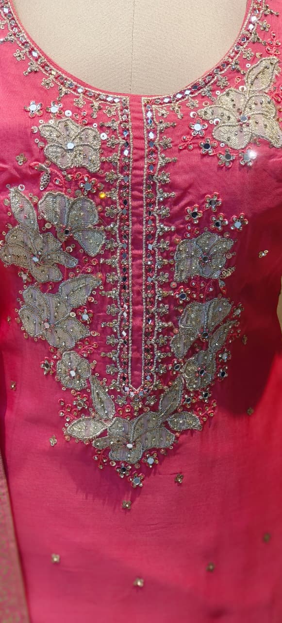 Luxury Embellished Straight Kurta Paired with Heavy Floral Embroidered Palazzo and Matching Dupatta DRYWASH