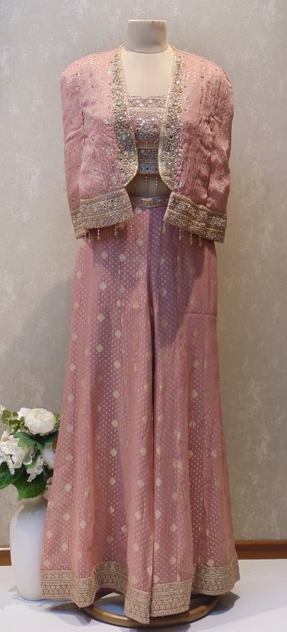 Banarasi Silk Premium Jacket Suit Set with Heritage Weave Detail, Embellished Crop Top & Wide Flared Bottoms