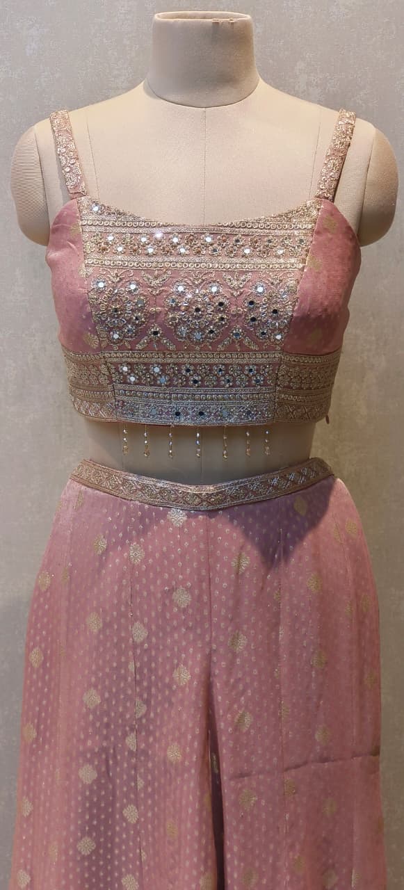 Banarasi Silk Premium Jacket Suit Set with Heritage Weave Detail, Embellished Crop Top & Wide Flared Bottoms