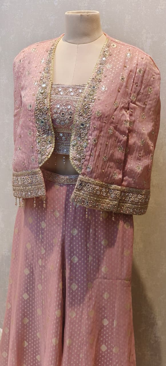 Banarasi Silk Premium Jacket Suit Set with Heritage Weave Detail, Embellished Crop Top & Wide Flared Bottoms