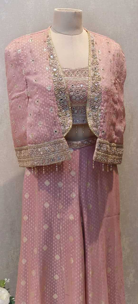 Banarasi Silk Premium Jacket Suit Set with Heritage Weave Detail, Embellished Crop Top & Wide Flared Bottoms