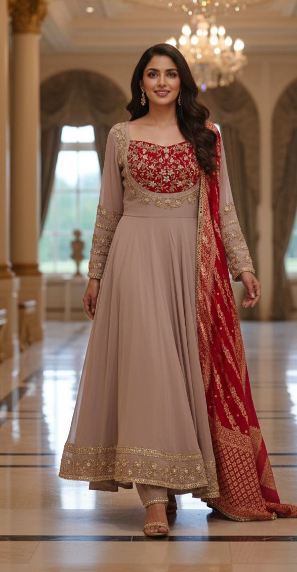 Heavily Shimmery Zari Beads Embroidered Panel Anarkali Full Suit Set With Dupatta In Georgette Fabric-011170