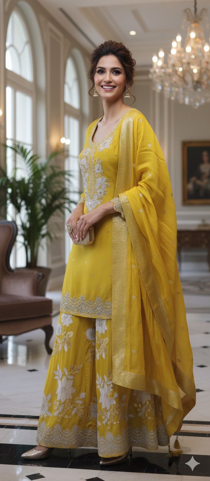 Luxury Embellished Straight Kurta Paired with Heavy Floral Embroidered Palazzo and Matching Dupatta DRYWASH