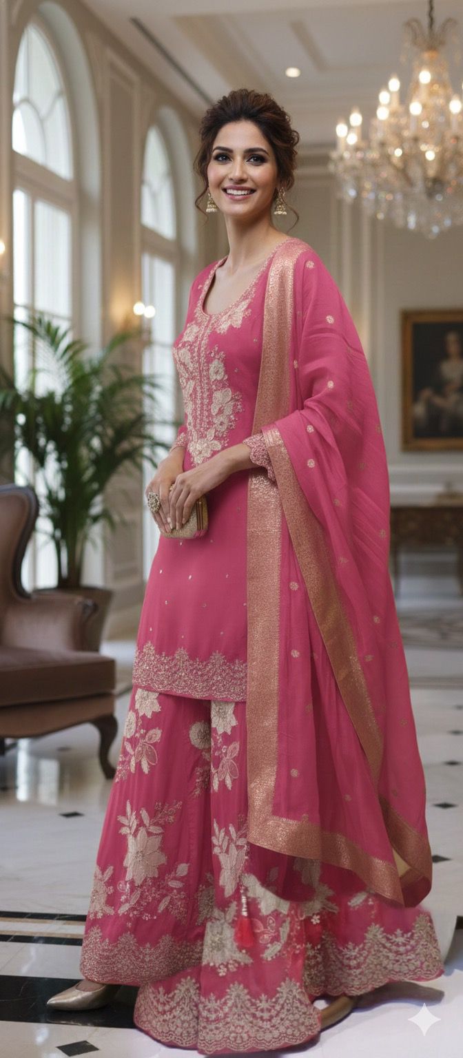 Luxury Embellished Straight Kurta Paired with Heavy Floral Embroidered Palazzo and Matching Dupatta DRYWASH