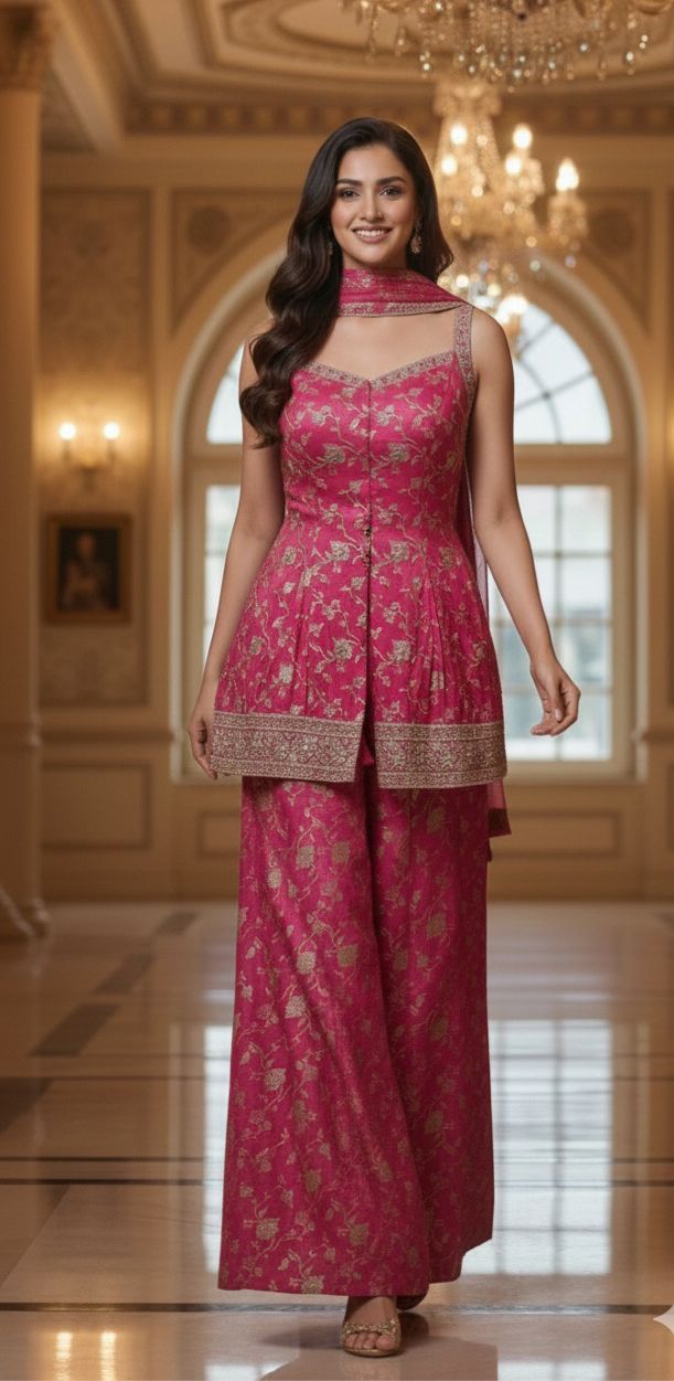 Designer Banarasi Silk Short Kurti and Palazzo Set in Rich Pink with Intricate Zari Weave and Heavy Border Detailing DRYWASH