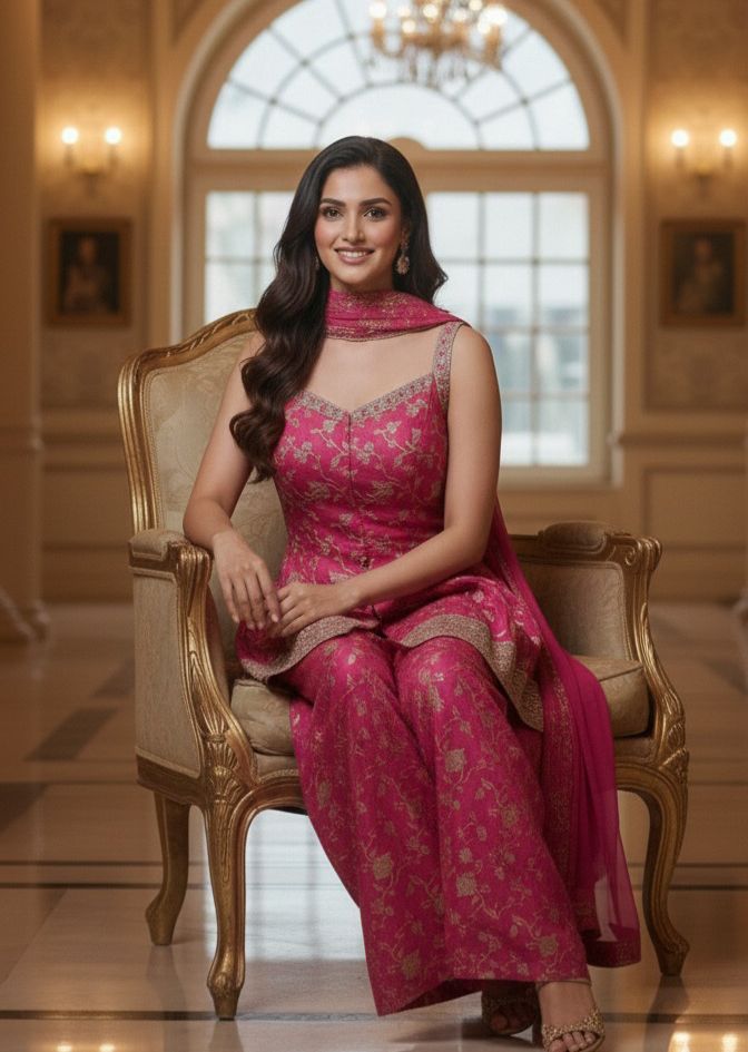 Designer Banarasi Silk Short Kurti and Palazzo Set in Rich Pink with Intricate Zari Weave and Heavy Border Detailing DRYWASH