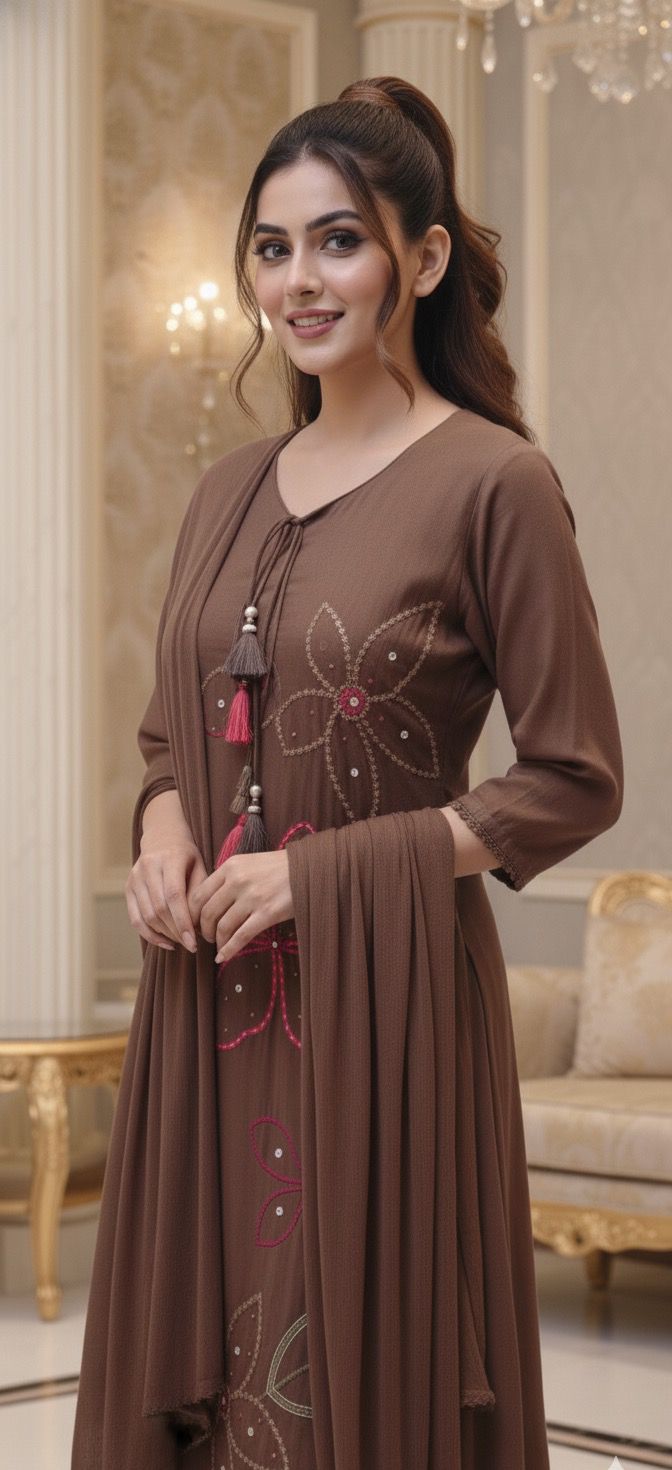 Everyday Wear Brown Suit Set with Multi-Color Thread Embroidery and Lightweight Dupatta And Bottom-12613