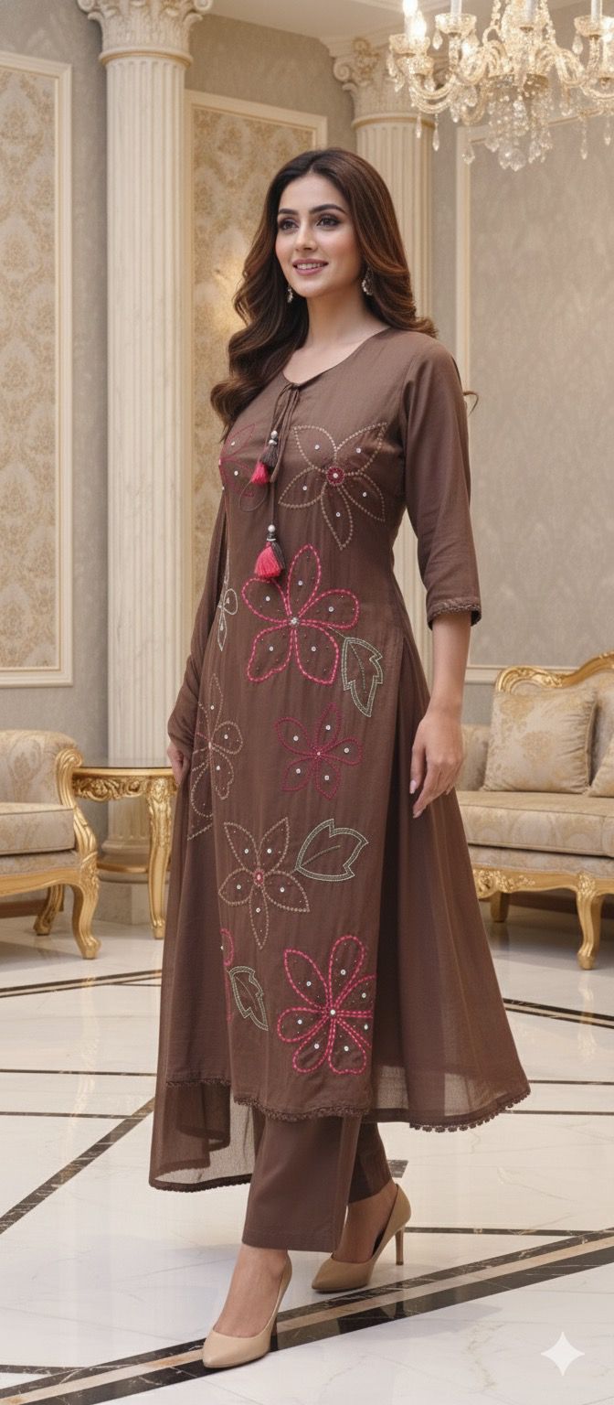 Everyday Wear Brown Suit Set with Multi-Color Thread Embroidery and Lightweight Dupatta And Bottom-12613