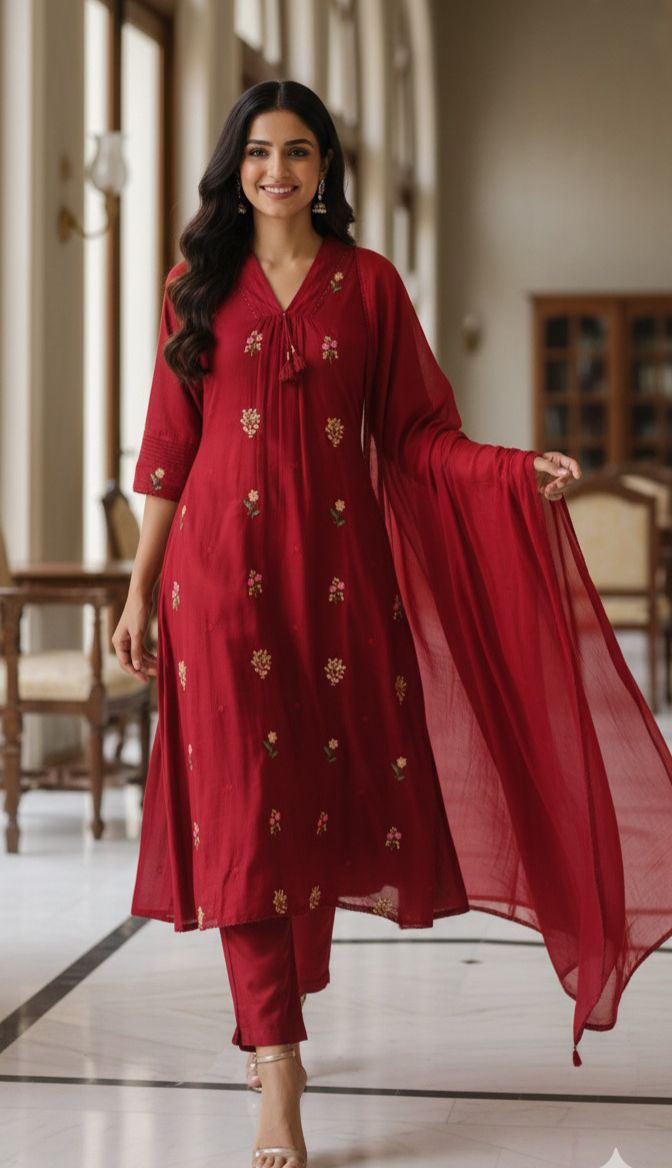 Premium Hand-Embroidered Aline Mul Cotton Kurta Pant Full Set With Tassel Detailing and Dupatta-12614,12615