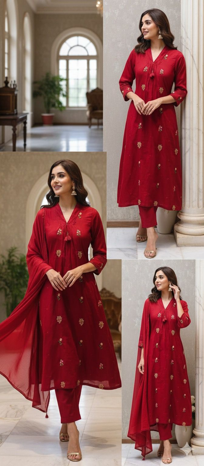 Premium Hand-Embroidered Aline Mul Cotton Kurta Pant Full Set With Tassel Detailing and Dupatta-12614,12615