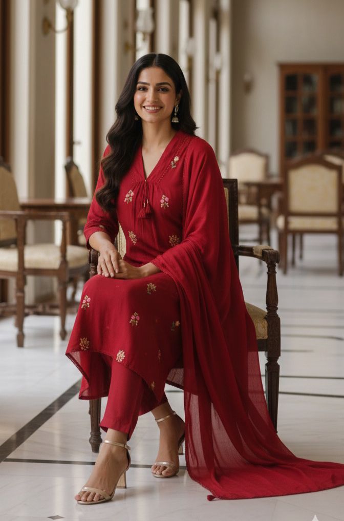 Premium Hand-Embroidered Aline Mull Cotton Kurta Pant Full Set with Tassel Detailing and Dupatta-12614,12615