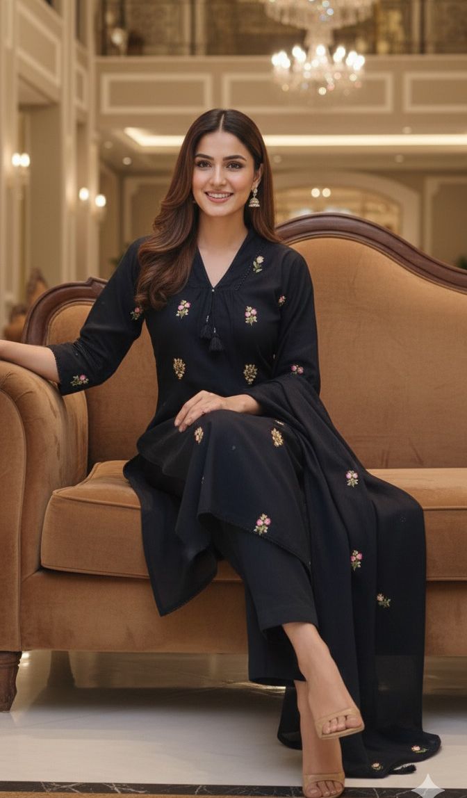 Premium Hand-Embroidered Aline Mul Cotton Kurta Pant Full Set With Tassel Detailing and Dupatta-12614,12615