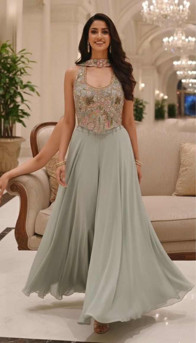 Luxury Embellished Halter Neck Crop Top with Multi-Colour Handwork and High-Flare Palazzo Set With Chokar Dupatta DRYWASH