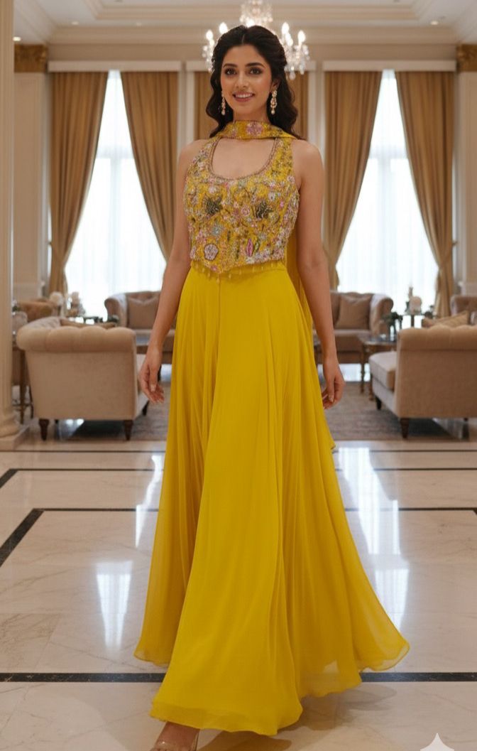 Luxury Embellished Halter Neck Crop Top with Multi-Colour Handwork and High-Flare Palazzo Set With Chokar Dupatta DRYWASH