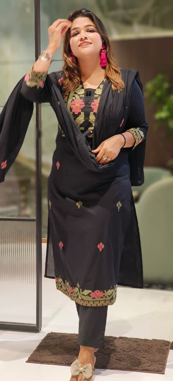 Elegant Cotton Kurta with Cross Stitch Embroidery & Border Detailing with Bottom And Dupatta