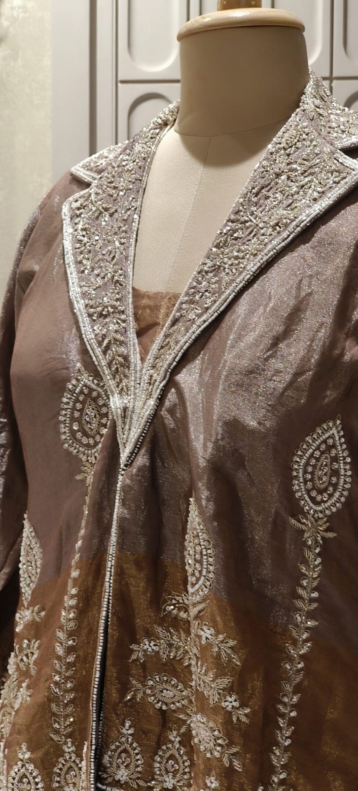 Premium Tissue Heavy Handwork Pearl Line Collared Double Tone Jacket With Buster & Loose Bottom- 123176