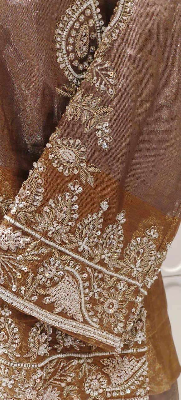 Premium Tissue Heavy Handwork Pearl Line Collared Double Tone Jacket With Buster & Loose Bottom- 123176