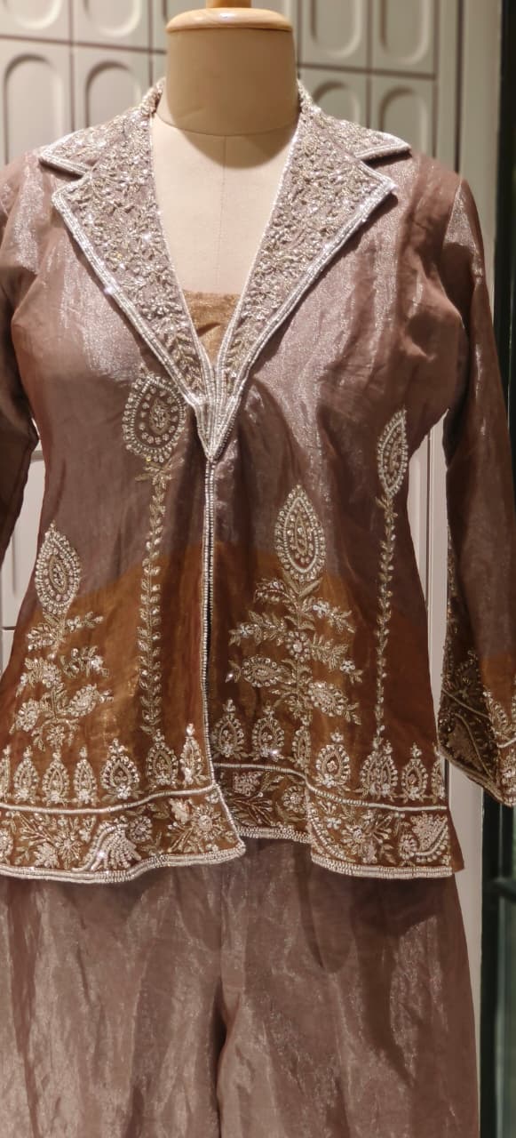 Premium Tissue Heavy Handwork Pearl Line Collared Double Tone Jacket With Buster & Loose Bottom- 123176