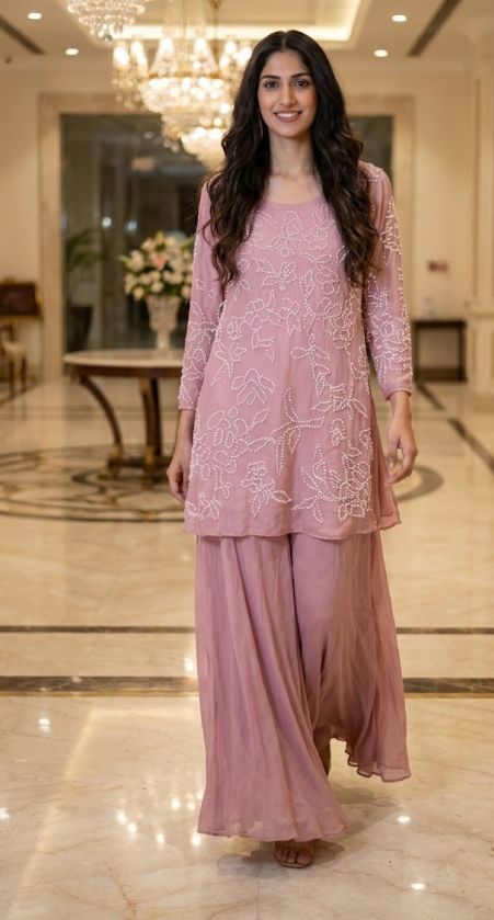 Elegant  MulCotton Kurti With All-Over Hand-Style White Embroidery Paired With Flowing Loose Palazzo pant-12717,12719,12719
