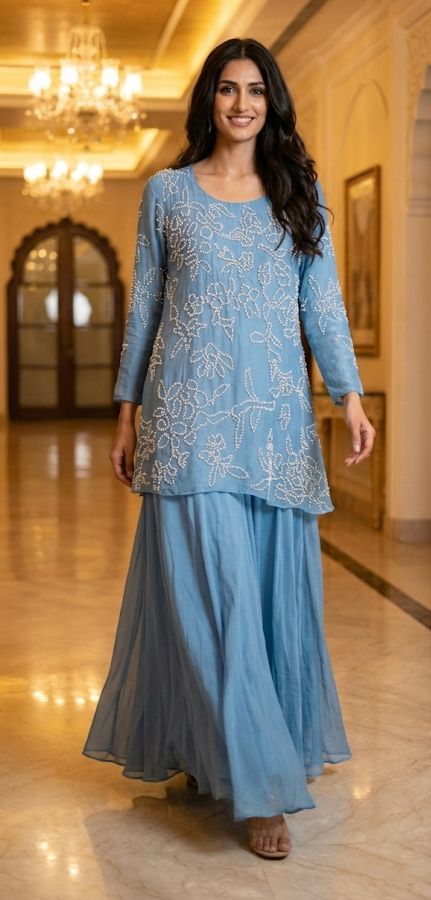 Elegant  MulCotton Kurti With All-Over Hand-Style White Embroidery Paired With Flowing Loose Palazzo pant-12717,12719,12719