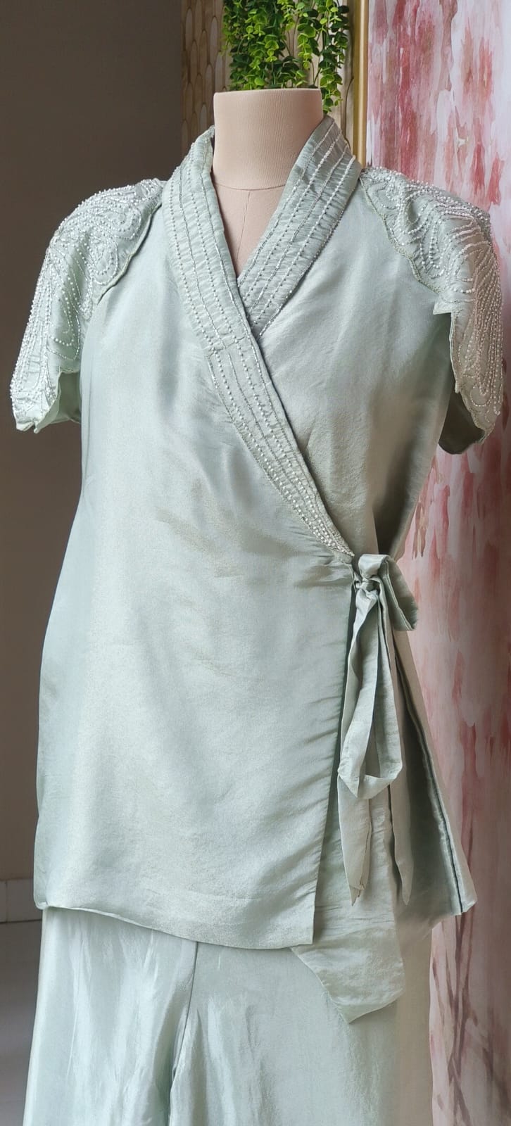 Stylish Indo-Western Co-Ord Set With Hand-Embellished Pearl Work Wrap, Sleeveless Inner and Matching Loose Pants in Shimmer Tissue Fabric-12713,12714