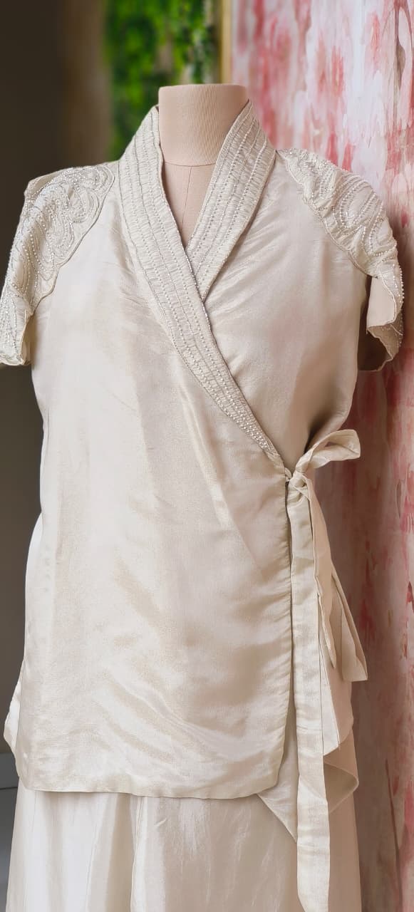 Stylish Indo-Western Co-Ord Set With Hand-Embellished Pearl Work Wrap, Sleeveless Inner and Matching Loose Pants in Shimmer Tissue Fabric-12713,12714