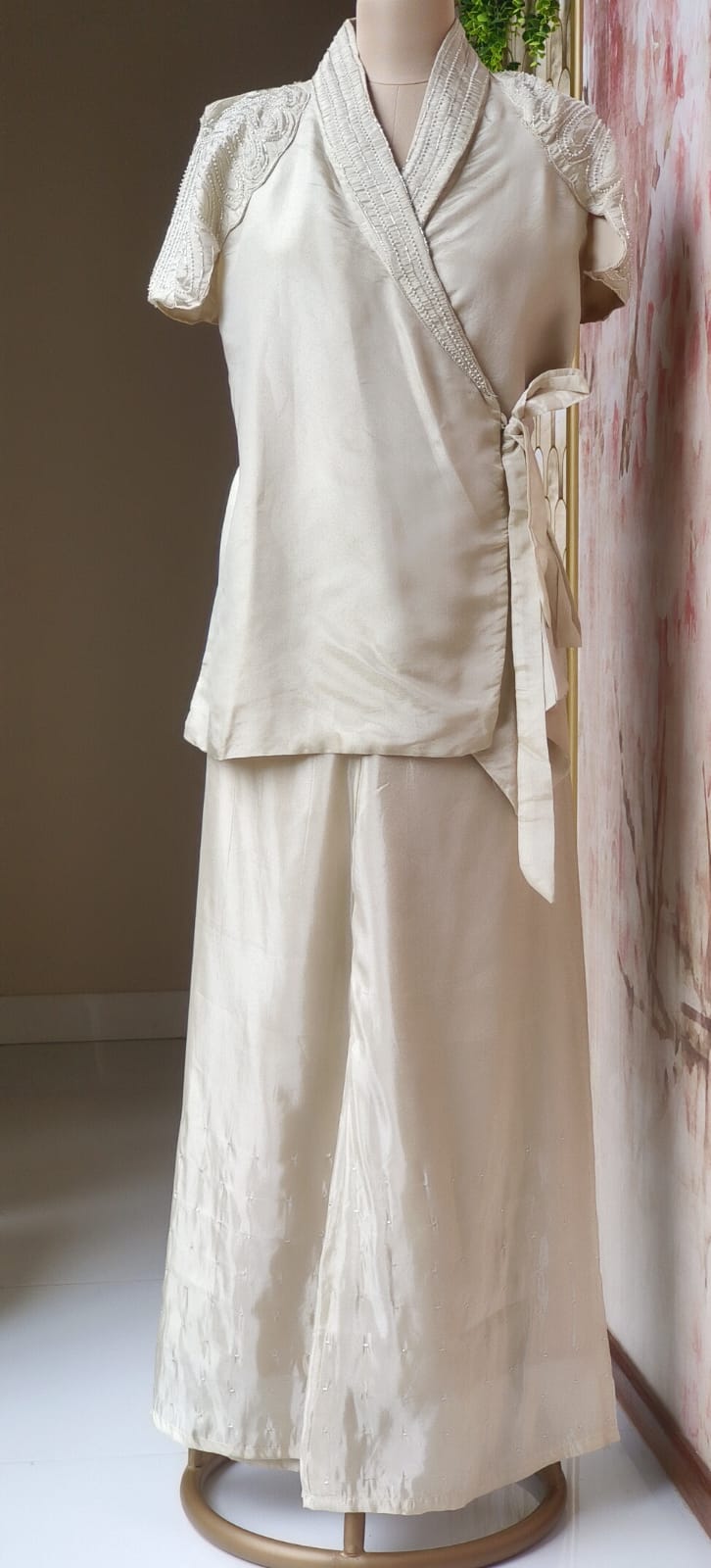 Stylish Indo-Western Co-Ord Set With Hand-Embellished Pearl Work Wrap, Sleeveless Inner and Matching Loose Pants in Shimmer Tissue Fabric-12713,12714