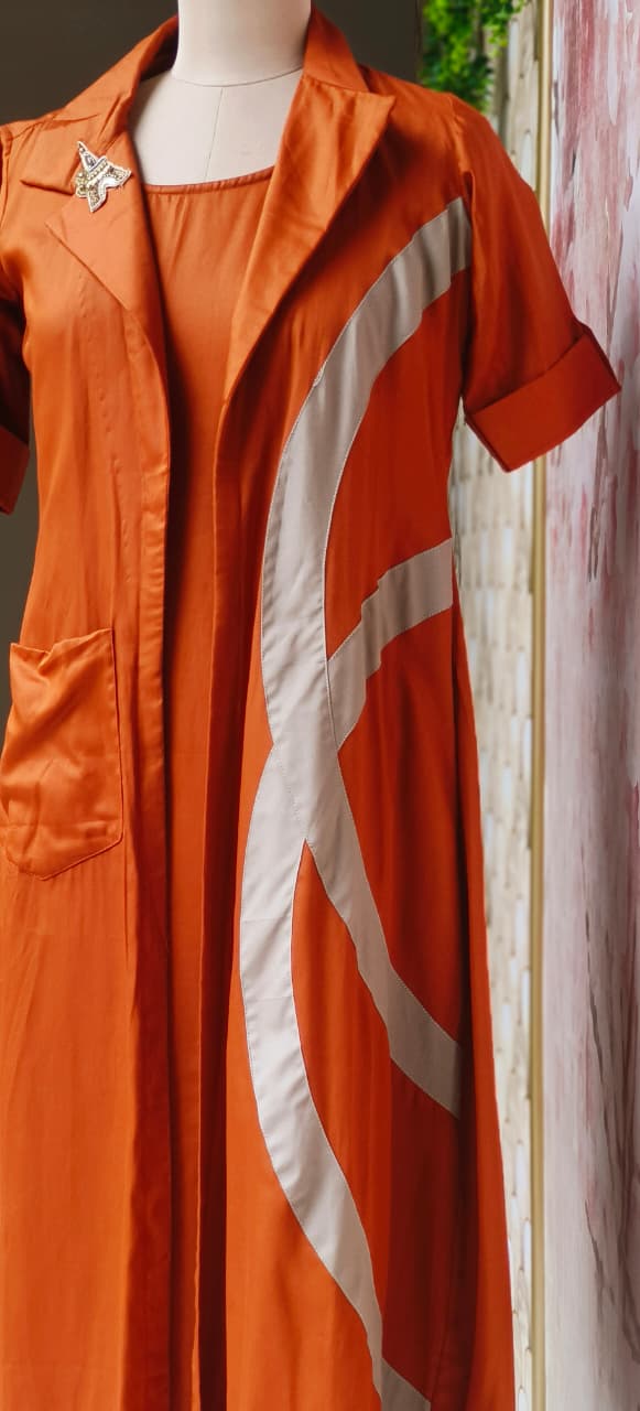 Contemporary Glaze Cotton Layered Dress with Inner And  Collared Shrug,Chic Contrast Pattern on Side-1274,12742 DISPATCHING AFTER 25 DAYS