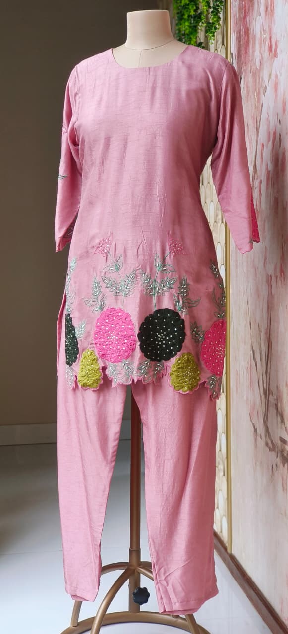 Lightweight Dola Silk Fabric Kurti Pant With Hand-Style Multicolour Floral Motifs and Detailed Leaf Embroidery-12733,12734