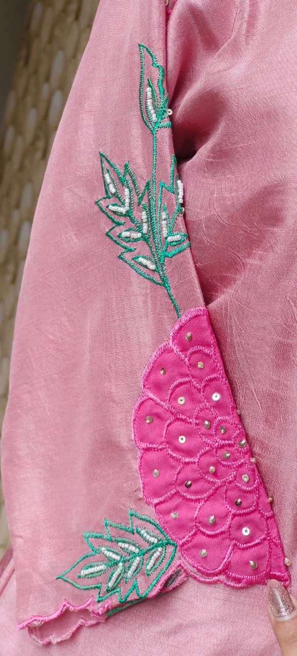 Lightweight Dola Silk Fabric Kurti Pant With Hand-Style Multicolour Floral Motifs and Detailed Leaf Embroidery-12733,12734