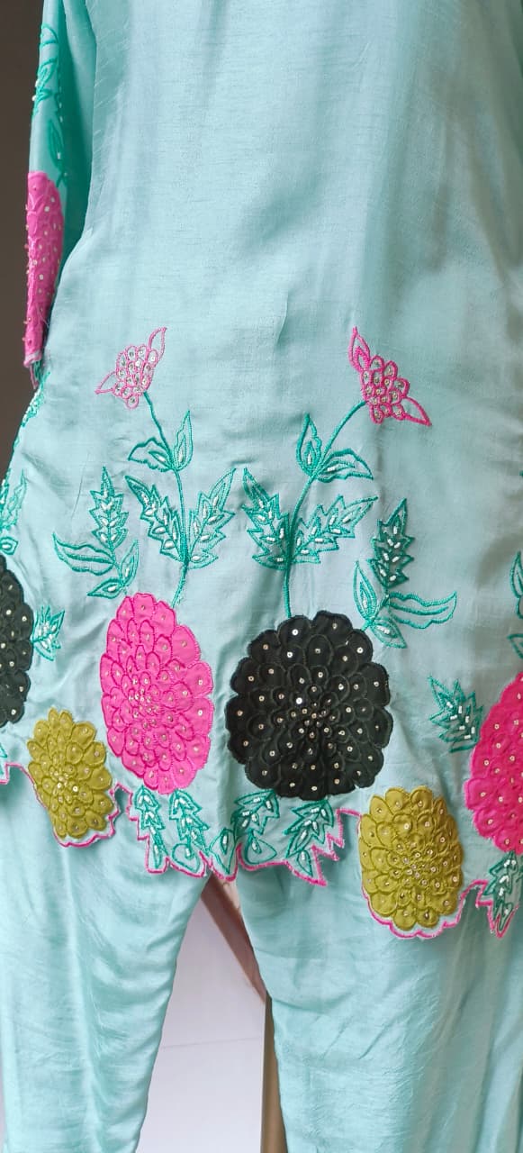 Lightweight Dola Silk Fabric Kurti Pant With Hand-Style Multicolour Floral Motifs and Detailed Leaf Embroidery-12733,12734