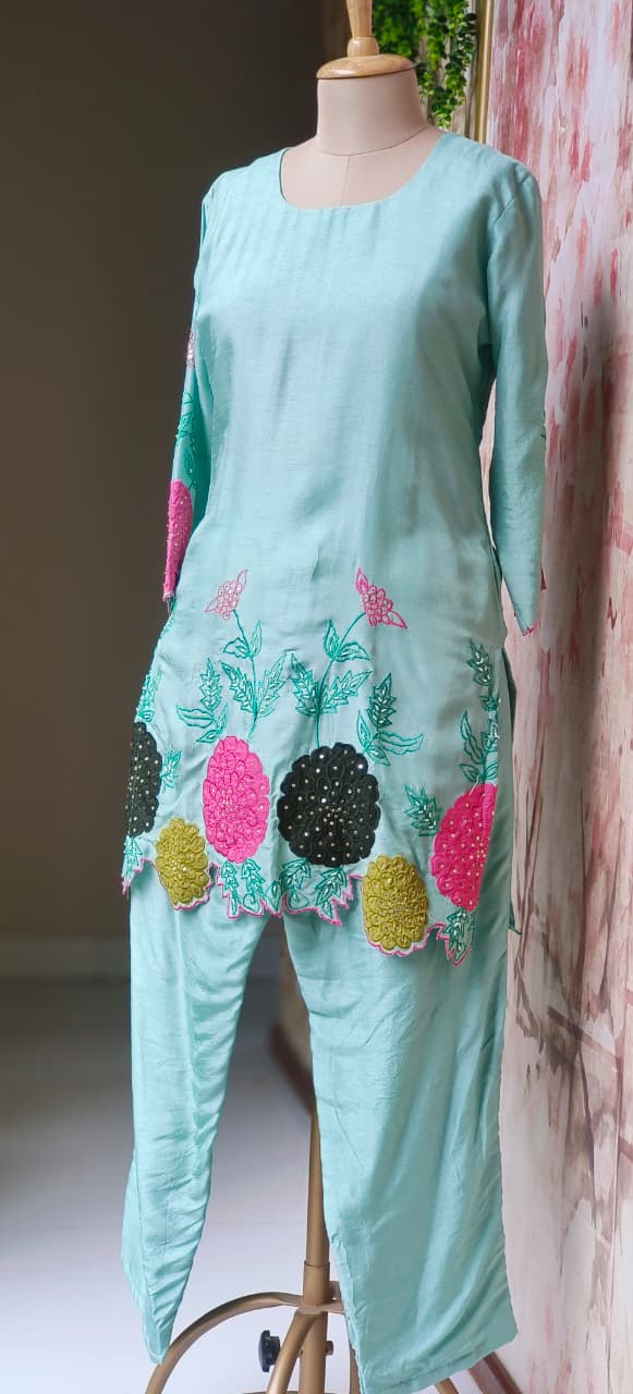 Lightweight Dola Silk Fabric Kurti Pant With Hand-Style Multicolour Floral Motifs and Detailed Leaf Embroidery-12733,12734