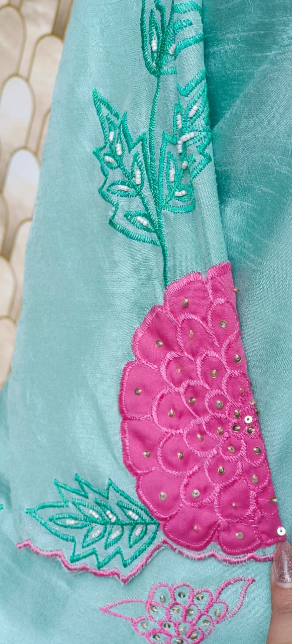 Lightweight Dola Silk Fabric Kurti Pant With Hand-Style Multicolour Floral Motifs and Detailed Leaf Embroidery-12733,12734