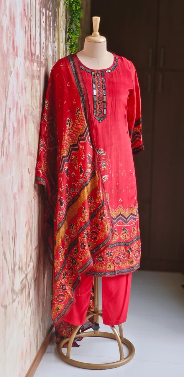 Premium Crepe Printed Suit Set With Real Mirror-Work Neckline, Designer Sleeves & Matching Dupatta-12810,12808