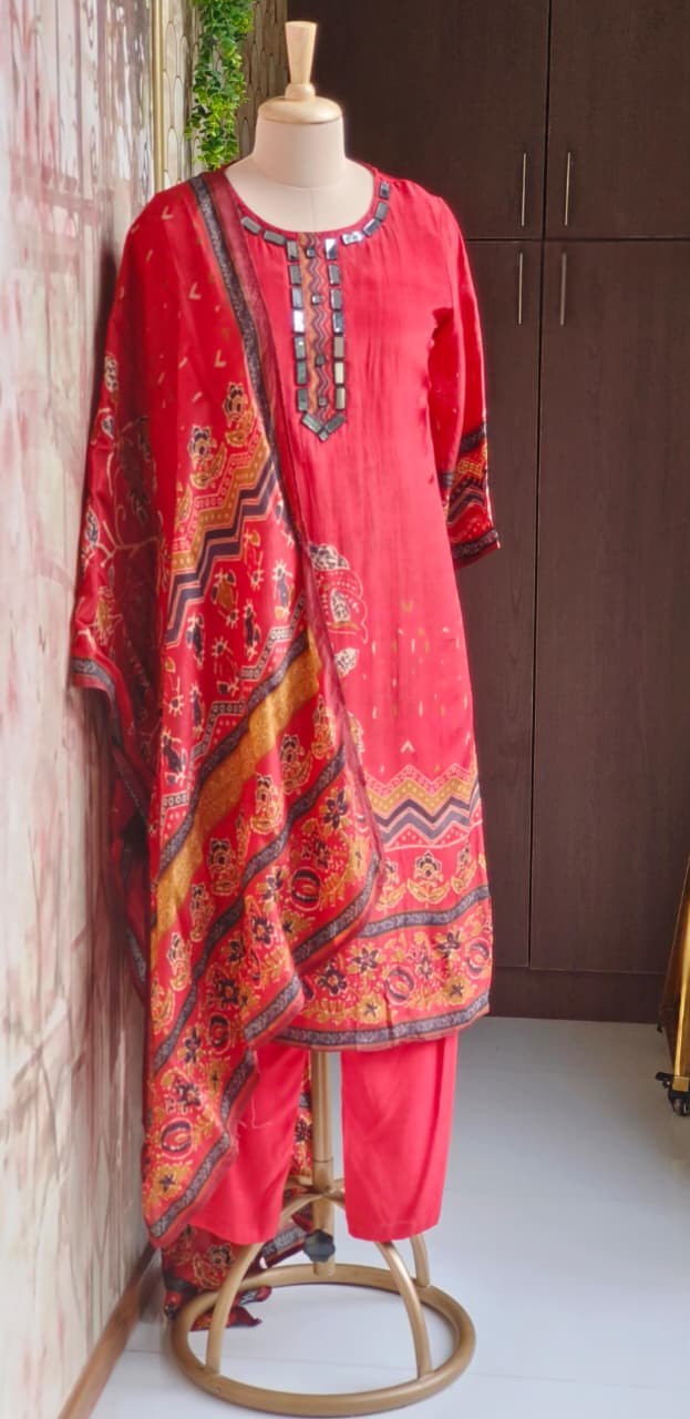 Premium Crepe Printed Suit Set With Real Mirror-Work Neckline, Designer Sleeves & Matching Dupatta-12810,12808