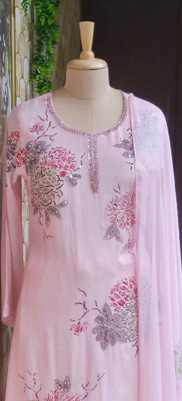 Designer Chinon Anarkali Outfit Adorned with Cut-Dana Embroidery and Coordinated Bottom–Dupatta-12727,12728