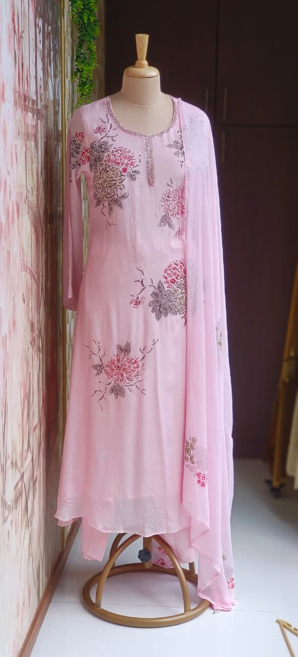 Designer Chinon Anarkali Outfit Adorned with Cut-Dana Embroidery and Coordinated Bottom–Dupatta-12727,12728