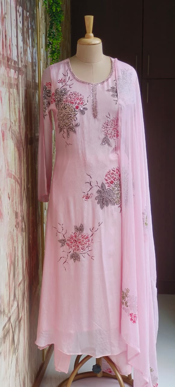 Designer Chinon Anarkali Outfit Adorned with Cut-Dana Embroidery and Coordinated Bottom–Dupatta-12727,12728