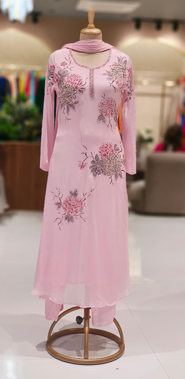 Designer Chinon Anarkali Outfit Adorned with Cut-Dana Embroidery and Coordinated Bottom–Dupatta-12727,12728